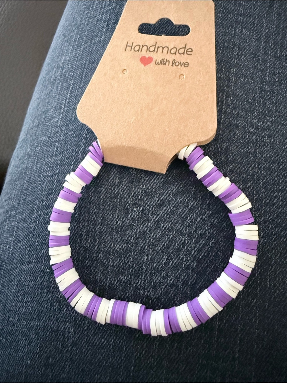 Handmade Purple and White Bead Disc Stretch Bracelet